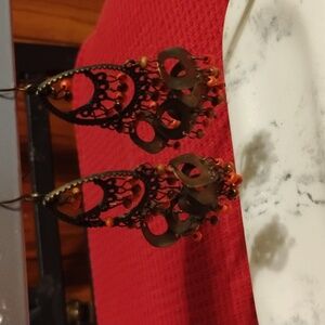 🌿 Boho Bronze Dangle Earrings w/ Orange & Brown Beads